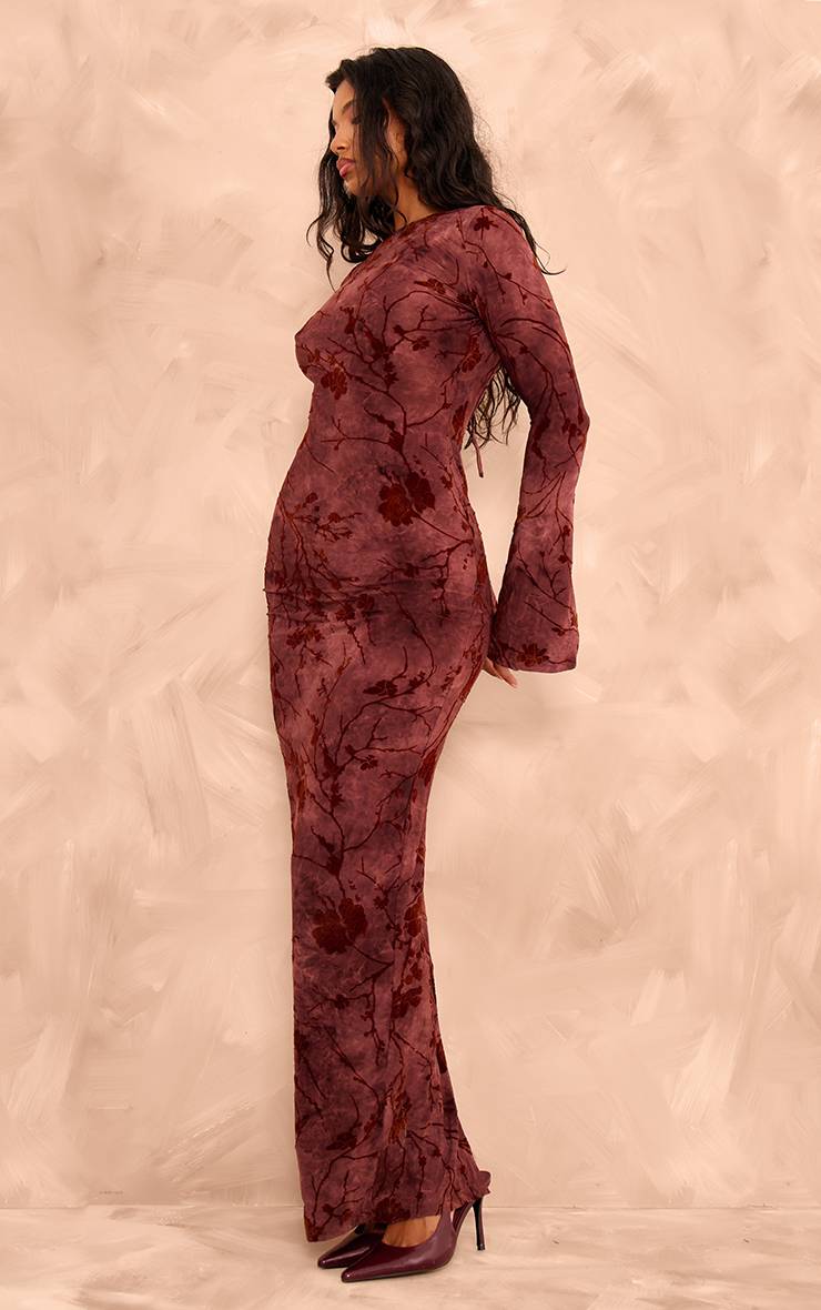 Rouge Bordeaux Robe Longue Maxi À Manches Longues En Dévoré Fleuri