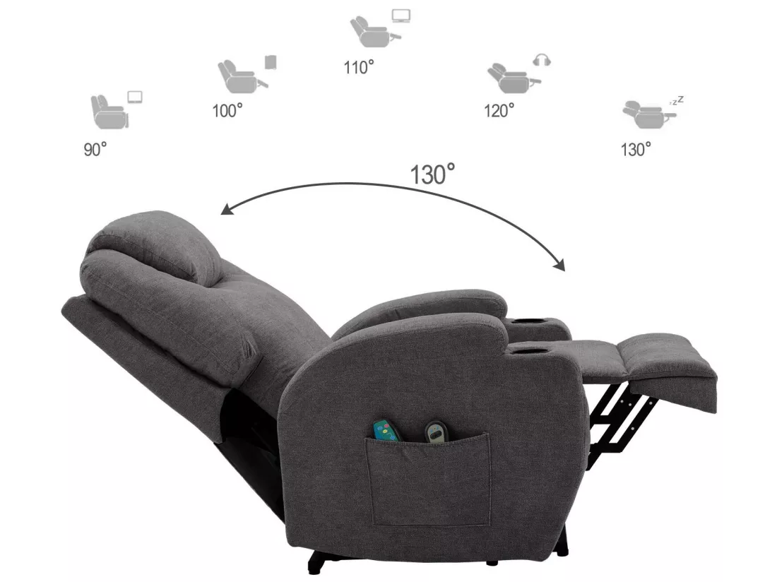 Fauteuil relax électrique avec fonctions de chauffage et de vibration - 2 porte-gobelets et poches latéralles - Gris