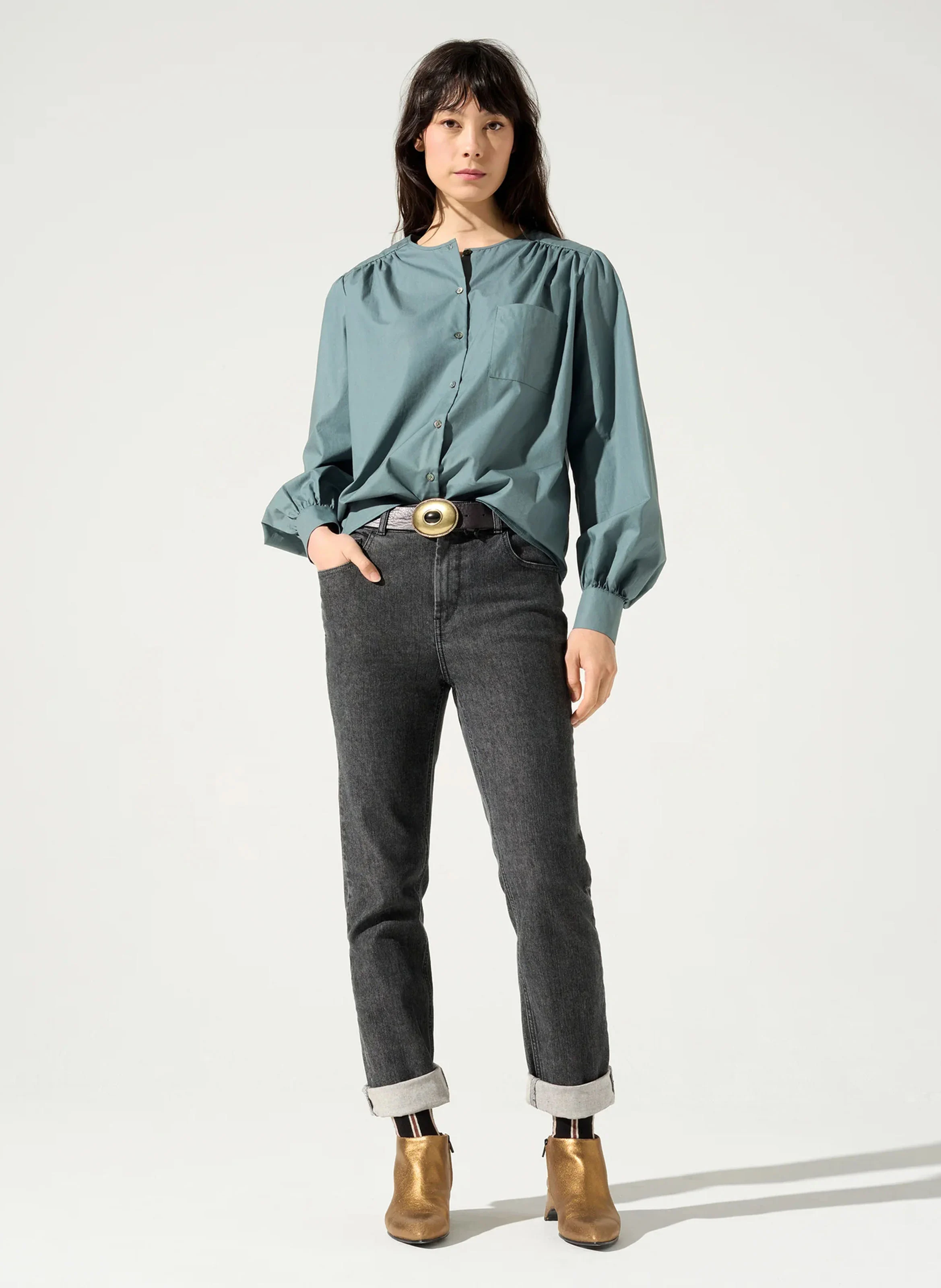 RON - Blouse ample col rond en coton bio | Bleu