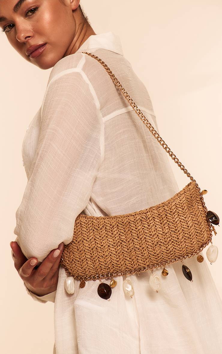 Doré Sac À Bandoulière Fin En Raphia Avec Breloque