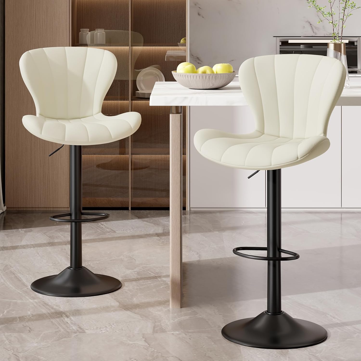 Barhocker 2er Set Höhenverstellbar Barstühle 360° Drehstuhl mit Rückenlehne Küchenstühle mit Fußstütze PU-Leder für die Küche/Wohnzimmer/Bar/Esszimmer Weiß