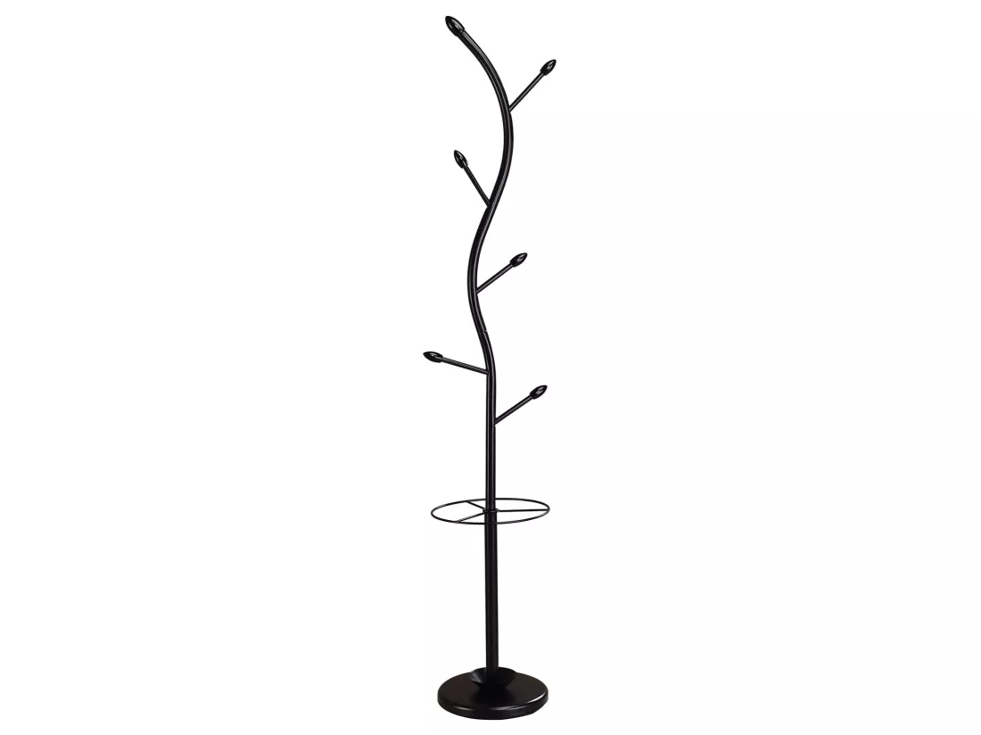 Porte-manteaux TRIANA portant à vêtements sur pied en forme d'arbre avec 6 crochets et un porte parapluie, métal laqué noir et bois