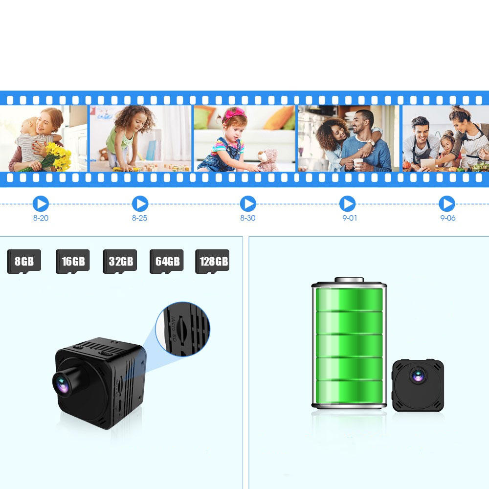 Mini WiFi IP Kamera Ultra HD 4K Infrarot LED's Nachtsichtfunktion mit Akku (3000mAh) und Micro SD Kartenslot   Halterung und 1/4 Gewinde (iOS/Android)