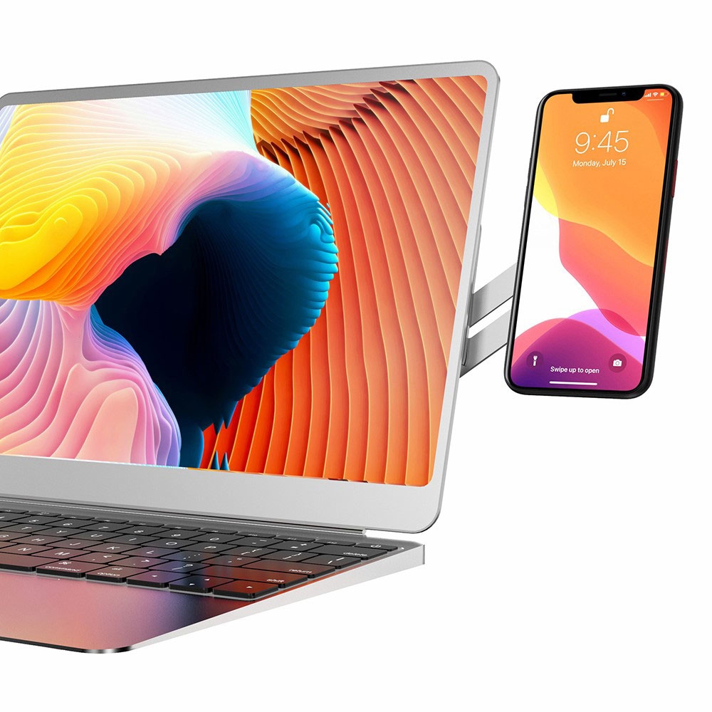Magnetische Aluminium Laptop Erweiterung Smartphone Halterung mit Klebevorrichtung   2x Metall Magnet Aufsätze - Silber