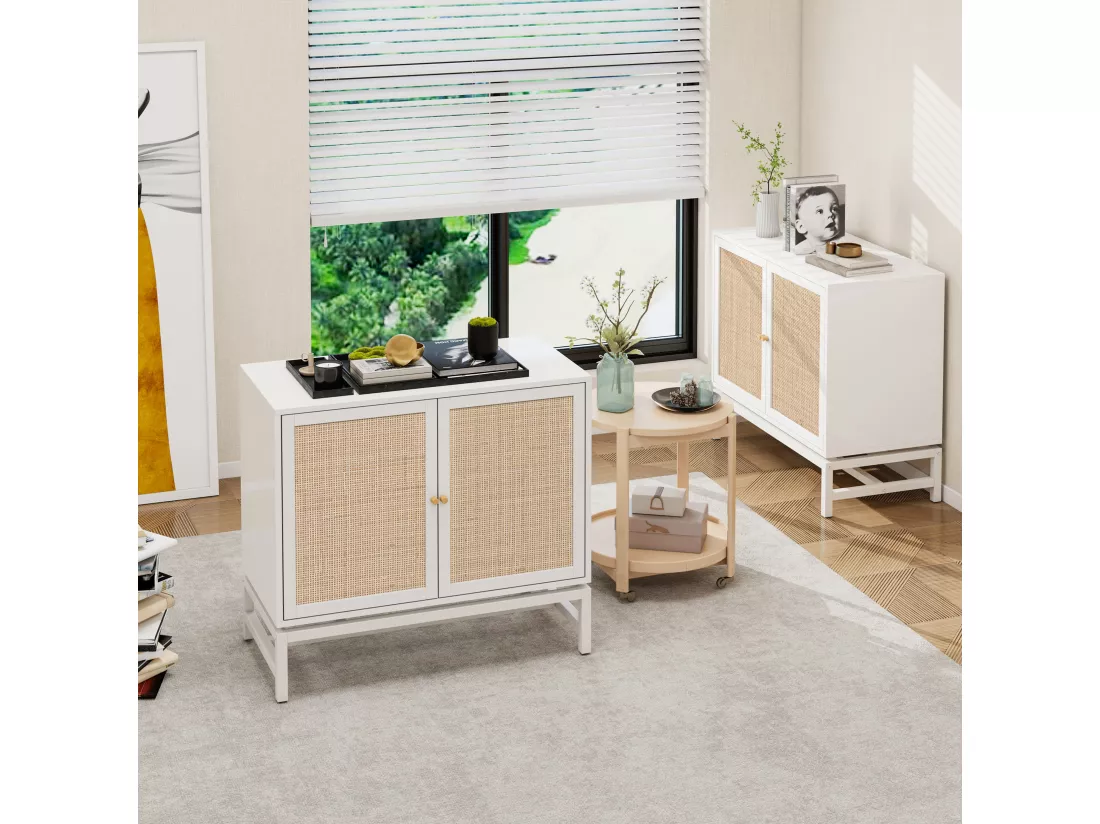 Armoire Murale avec Éléments en Rotin Naturel, Portes Doubles, Design Suspendu et Base Métallique, Rangement Flexible