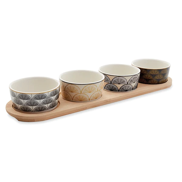 Service apéritif plateau bambou ovale 38 cm et 4 coupelles porcelaine