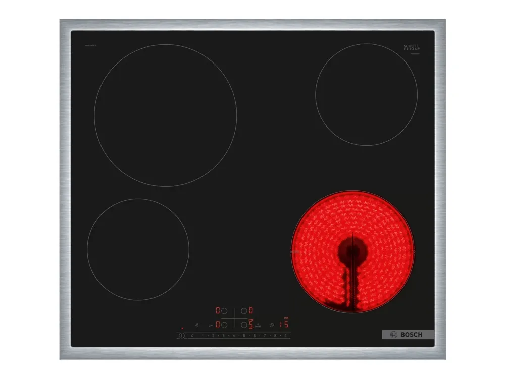 Bosch Serie | 6 PKE645FP2E - Keramisk kogeplade - 4 plader - Niche - bredde: 56 cm - dybde: 49 cm - med rustfrit stål-pynt - sort/rustfrit stål