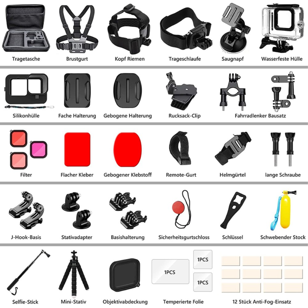 54in1 Kamera Zubehör Kit Bundle Set mit Brustgurt / Stativ / Unterwasser Griff   Gehäuse / Saugnapf / Kopfband Halterung für GoPro Hero Kameras