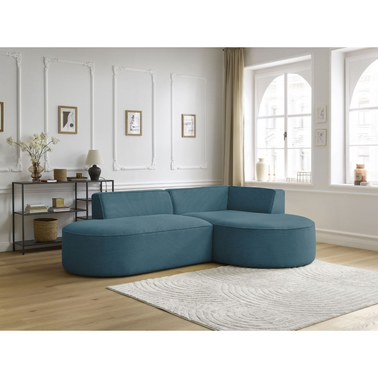 Bobochic Canapé d'angle droit fixe 4 places Rousseau texturé bleu foncé - 250x160x72 cm