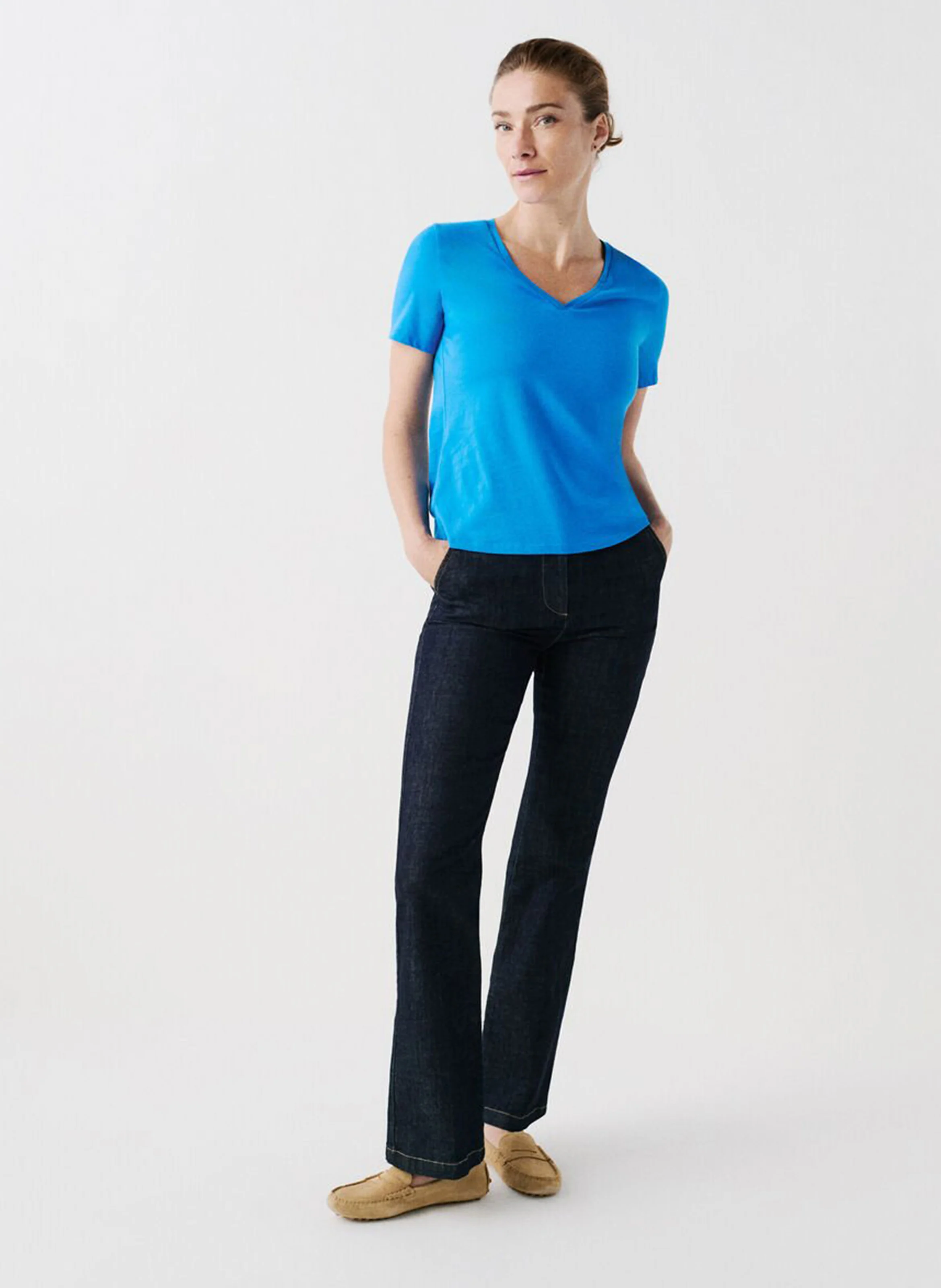 MANONB - Tee-shirt col V en coton| Bleu
