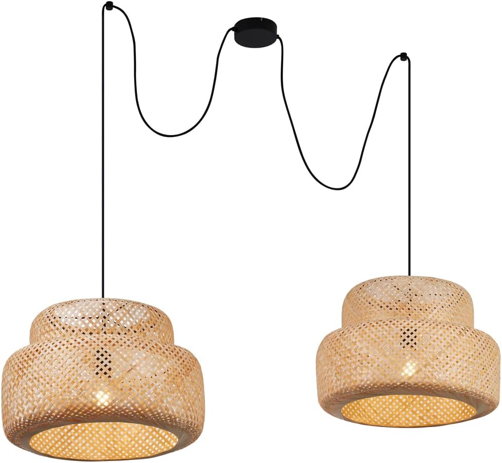 QAZQA - Japandi Japandi-Pendelleuchte I Pendellampe I Hängelampe I Pendellampe I Pendelleuchte I Lampe I Leuchte Schwarz mit Bambus 2-flammig - Kea I Wohnzimmer I Schlafzimmer - Stahl - LED geeignet E
