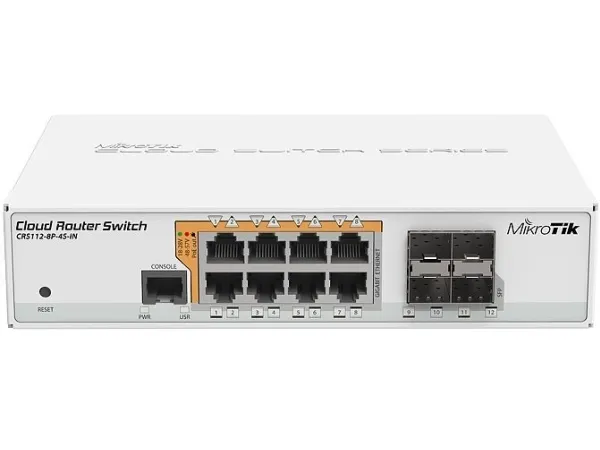 MikroTik Cloud Router Switch CRS112-8P-4S-IN - Switch - L3 - Administreret - 8 x 10/100/1000 (PoE)   4 x SFP - desktop, monterbar på stativ - PoE  - DC-strøm