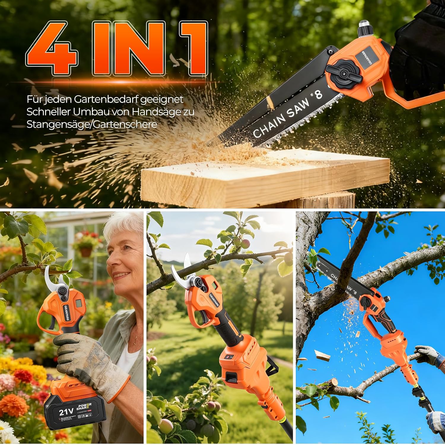 4-in-1 Akku-Hochentaster, 20cm Mini-Kettensäge & elektrische Gartenschere mit bürstenlosem Motor, automatischer Ölung 4,5 m Reichweite, 2 x 21V 3,0 Ah Akkus für Baumschnitt & Holzbearbeitung