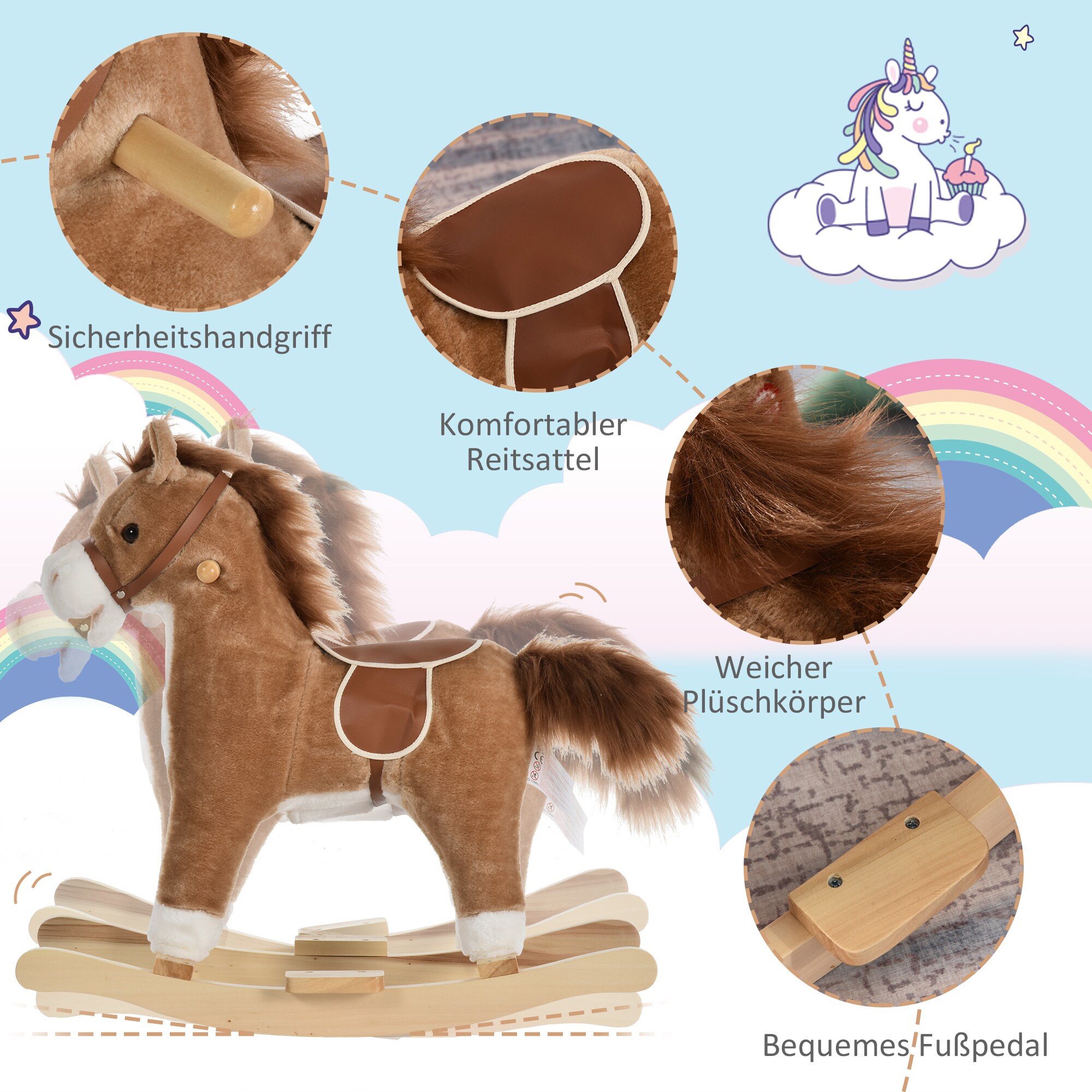 HOMCOM Kinder Schaukelpferd mit Tiergeräusche 65 x 32,5 x 61 cm (LxBxH)