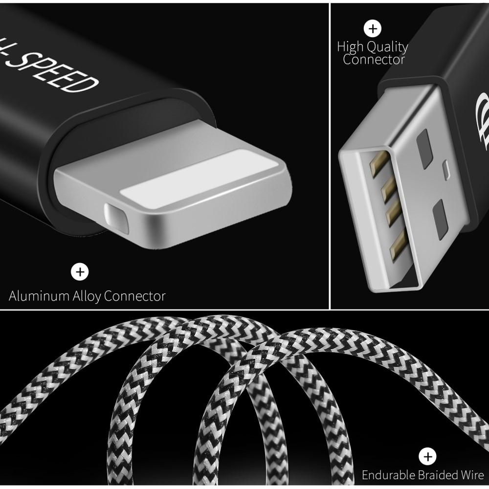 (25cm/2.1A) USB A auf Lightning Nylon Ladekabel Datenkabel - Schwarz / Weiss