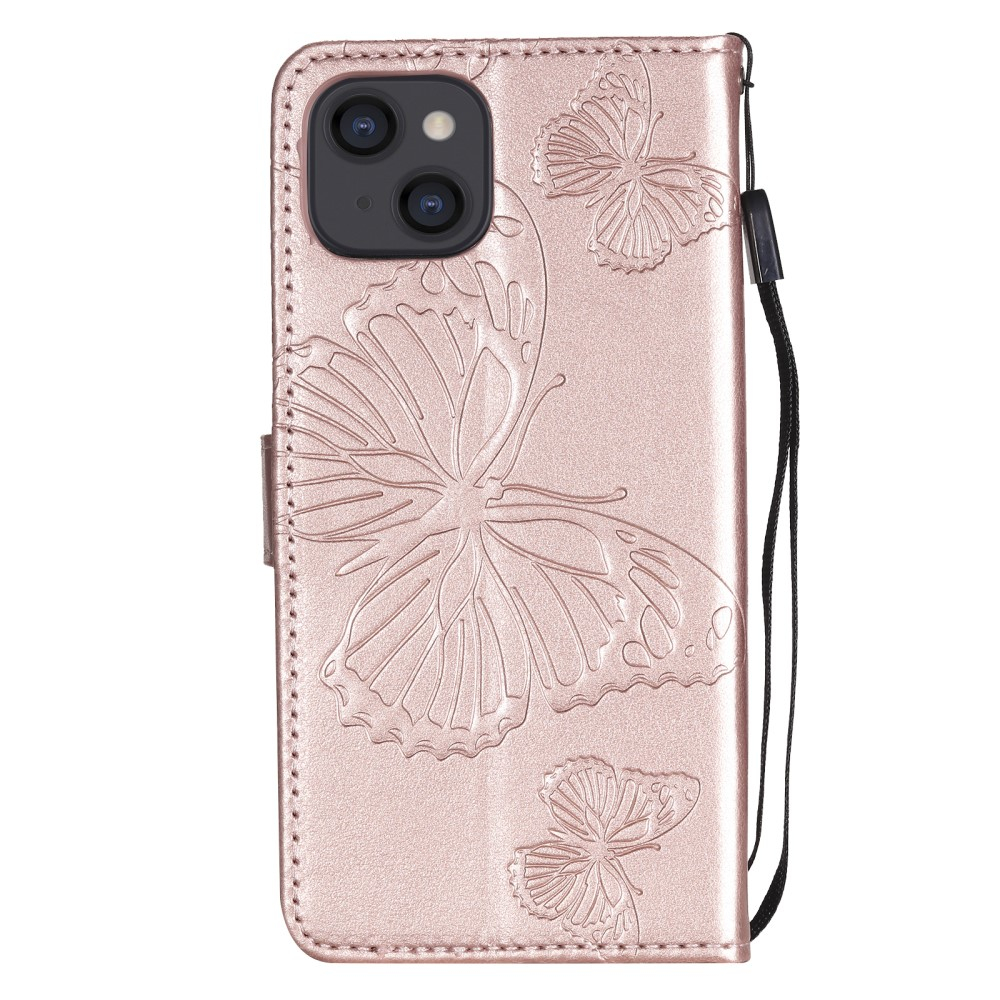 iPhone 13 Leder Tasche mit Kartenfach   Handschlaufe Schmetterling - Roségold