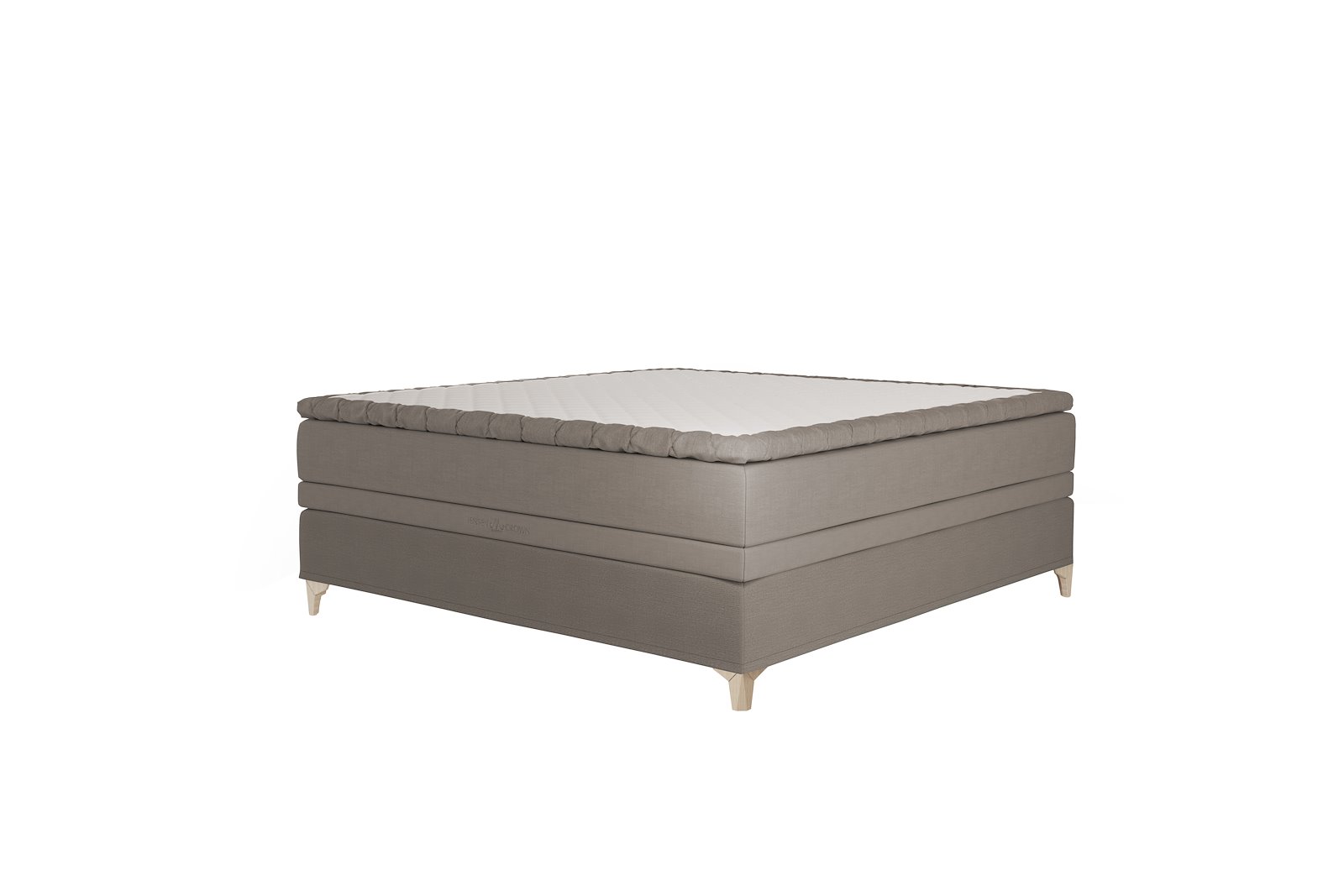 Majestic Crown kontinentalseng Tekstil 030/031 beige. 180x210 cm med Majestic overmadrass og Exact funksjon. Fast/Fast. Eicon ben hvitlasert eik. Uten hodegavl