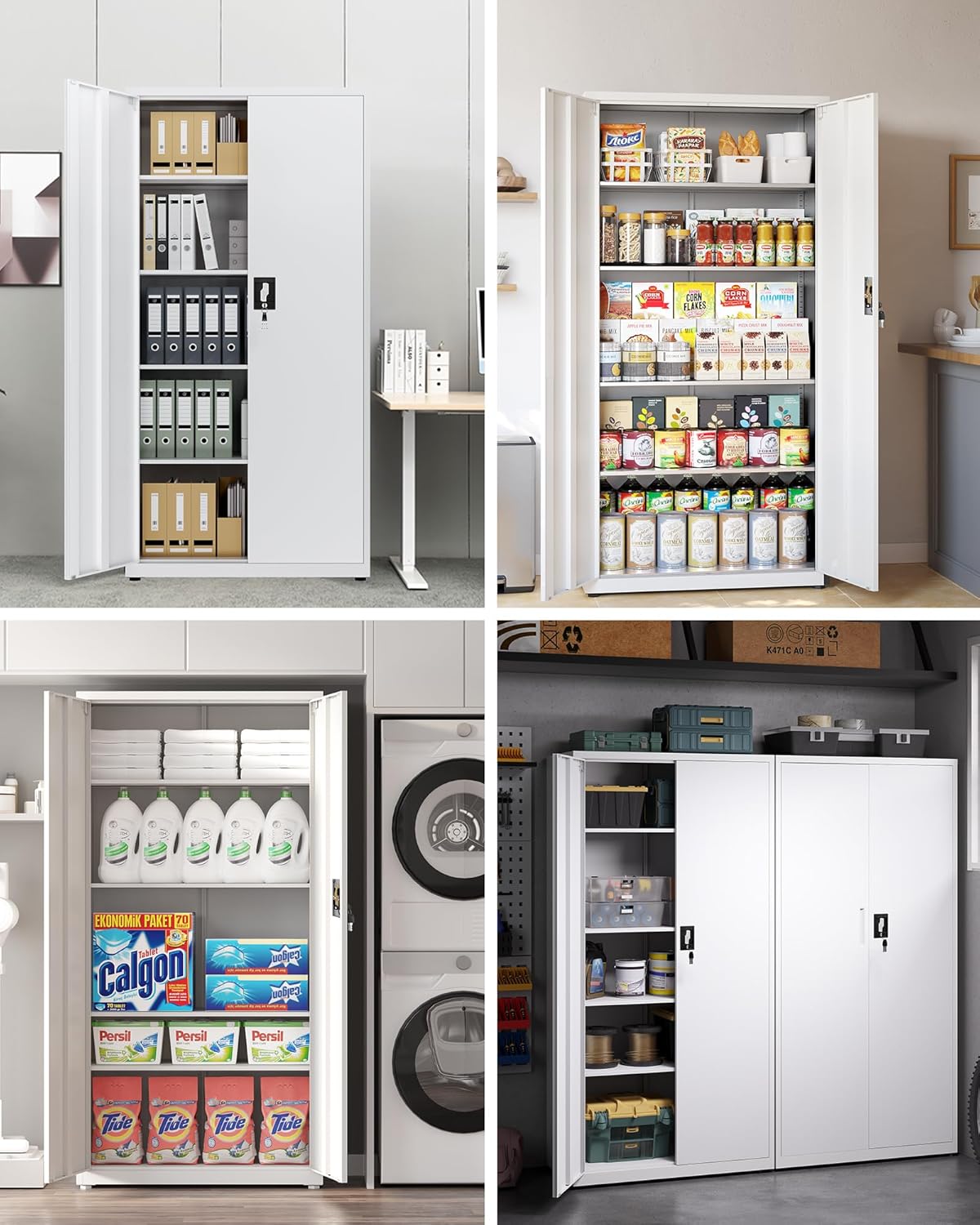 LAND·VOI Stahlschrank 5 Ebenen mit Schloss verstellbare Einlegeböden Doppeltüren Aktenschrank Werkzeugschrank für Büro Garage Haushalt Werkstatt 80x40x181.5 cm weiß