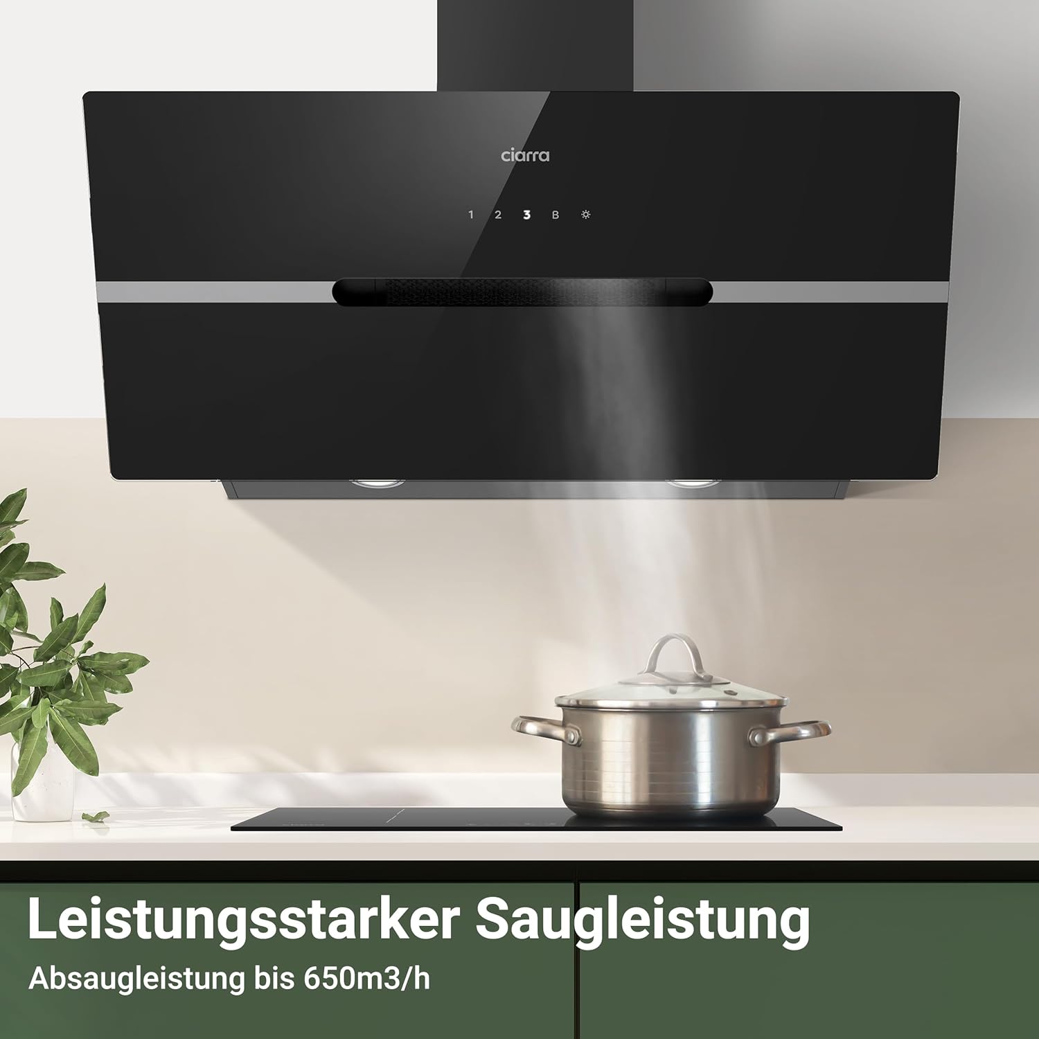 CIARRA CBCB9736F A+++ Dunstabzugshaube 90 cm Umluft Kopffreie Schräghaube 650m³/h automatisch Glasplatte Wi-Fi App Touch-Bedienung Booster Abluft mit CBCF003 Aktivkohlefilter 4 Stufen Schwarz