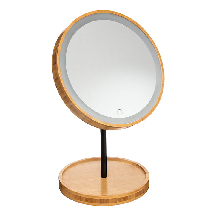 Miroir de salle de bains lumineux LED rond sur pied rechargeable IP20 pivotant 360° bambou métal, 5Five Modern