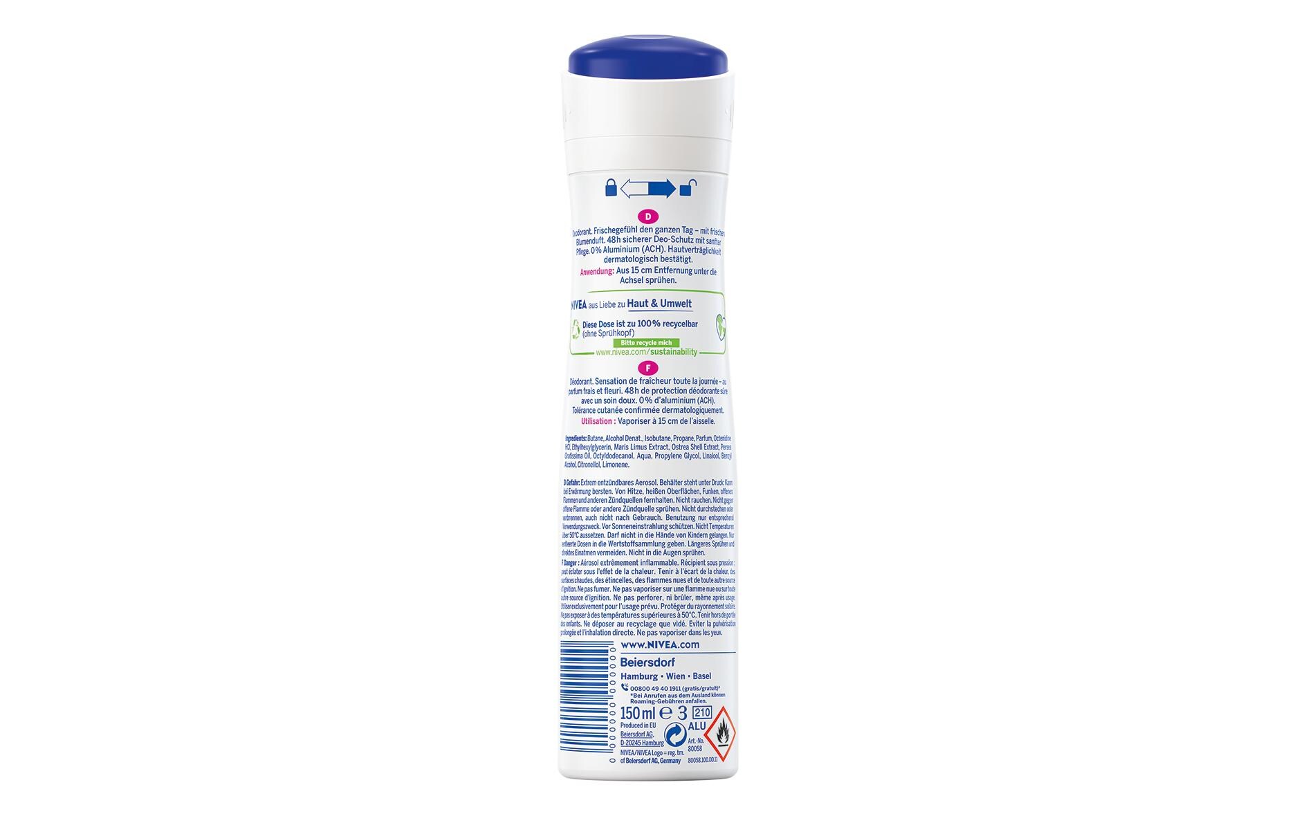 Deo Spray Fresh Flower Female 150 mlPflegendes Deo ohne Aluminium für ein natürliches Frischegefühl mit frischem Blumenduft