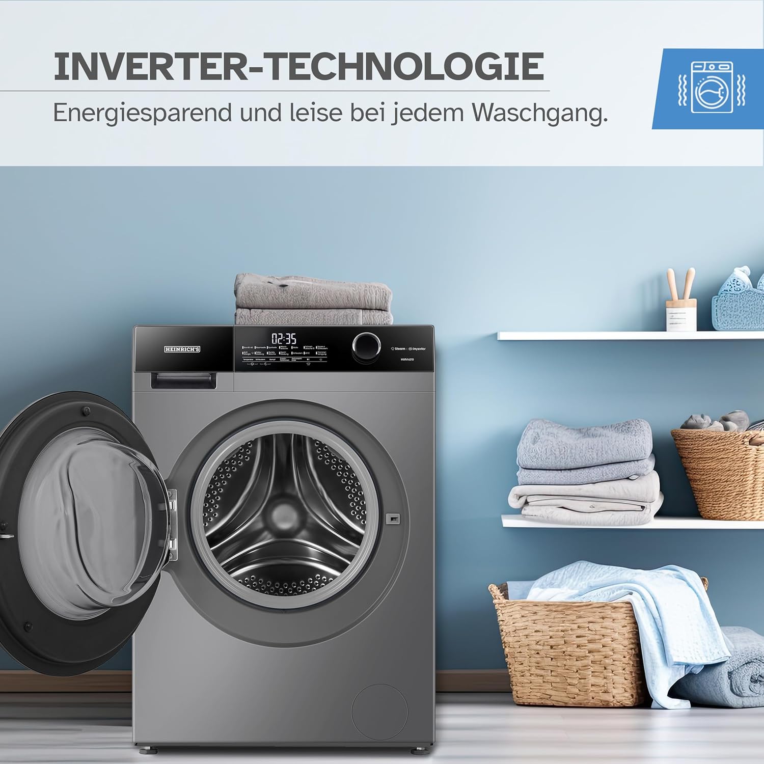 Heinrich´s Waschmaschine, Steam-Funktion, 10kg Mega Kapazität, 15 Programme, 1400 U/min., Aqua-Stop, LED-Display, Endzeitvorwahl, mit Kindersicherung, langlebiger und leiser Inverter Motor,Titan-Grau