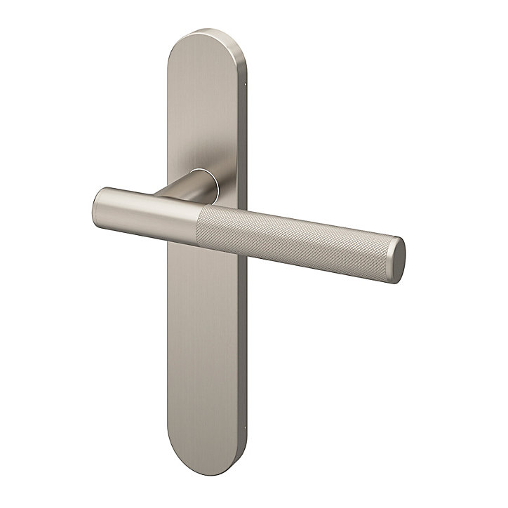 Ensemble poignée sur plaque rond GoodHome Irus effet nickel satin gris L.150mm x l.42mm entraxe 165-195mm