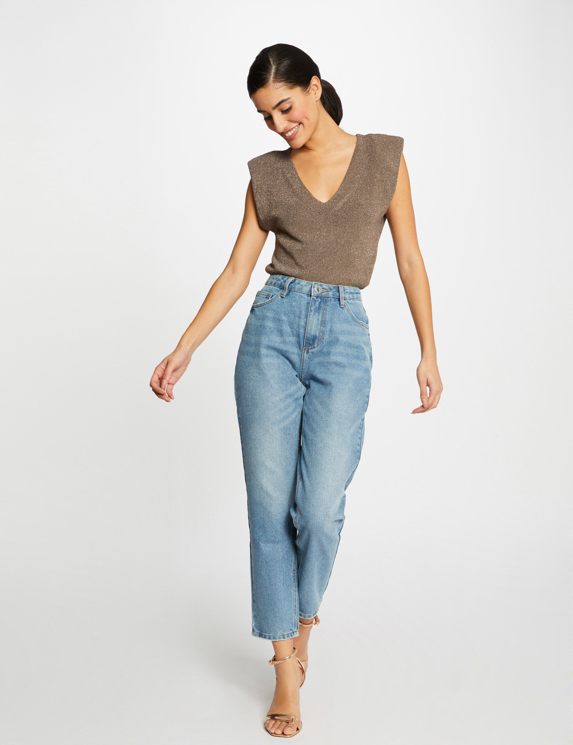 Pull manches courtes à épaulettes vert kaki femme - vert_kaki