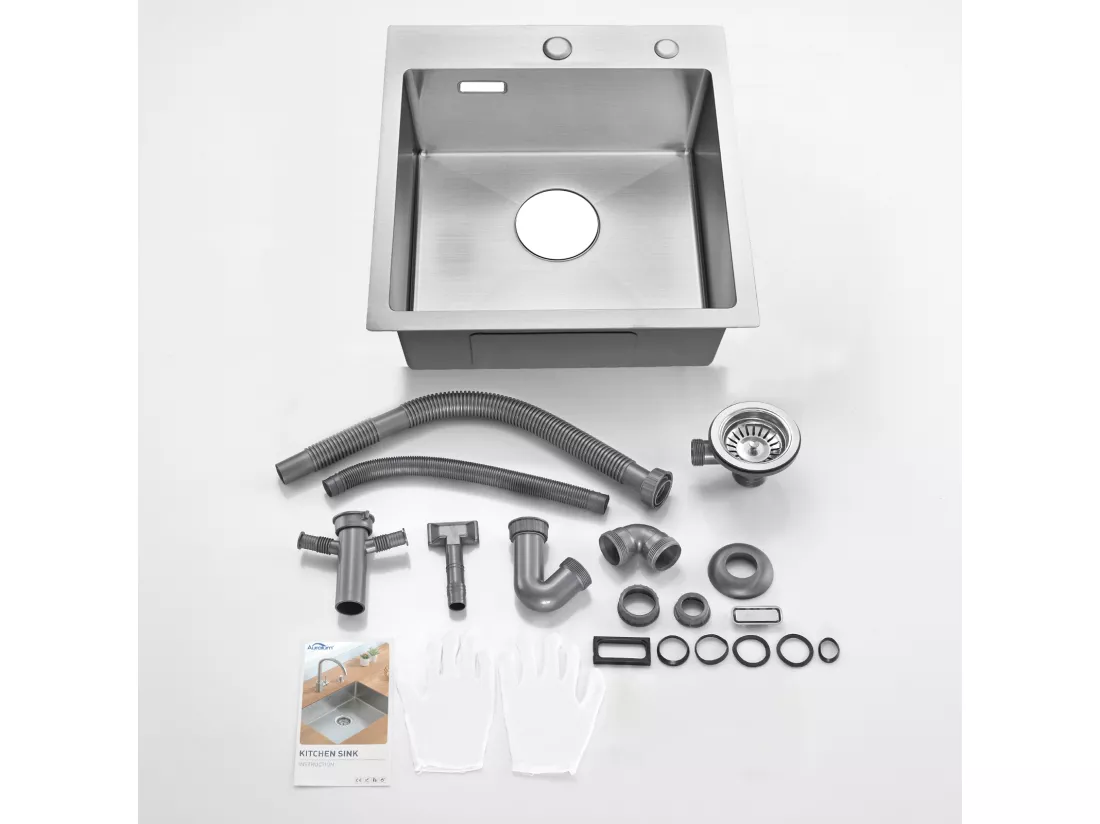 AuraLum Max Évier Cuisine 1 Bac en Acier Inoxydable 304 Brossé 45x45CM Évier encastré et à Poser Évier avec Trou de Montage pour Robinet,EU Modèle