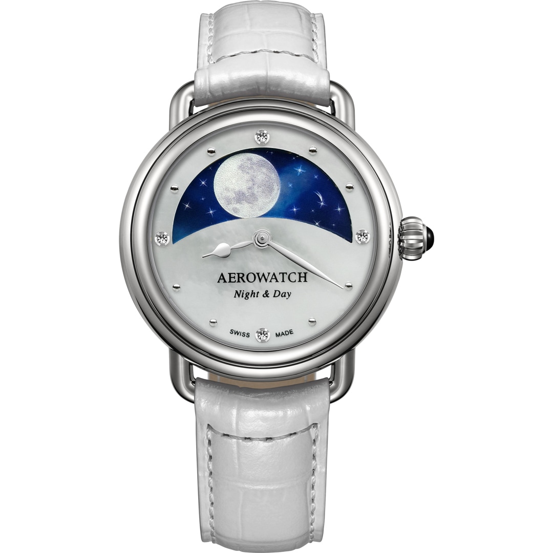 Aerowatch 1942 Lady Night & Day Leder weiss