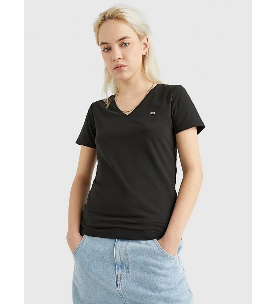 Camiseta Tommy Jeans TJW Skinny Stretch com Decote em V, Preta