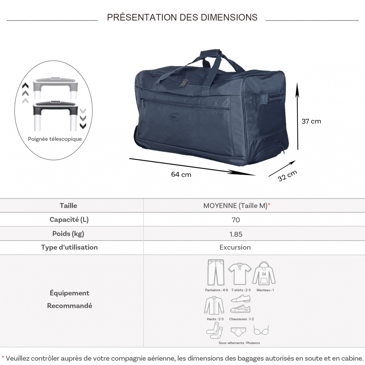 Degré Sac de voyage avec roulettes 70L Degré polyester taille M 64cm