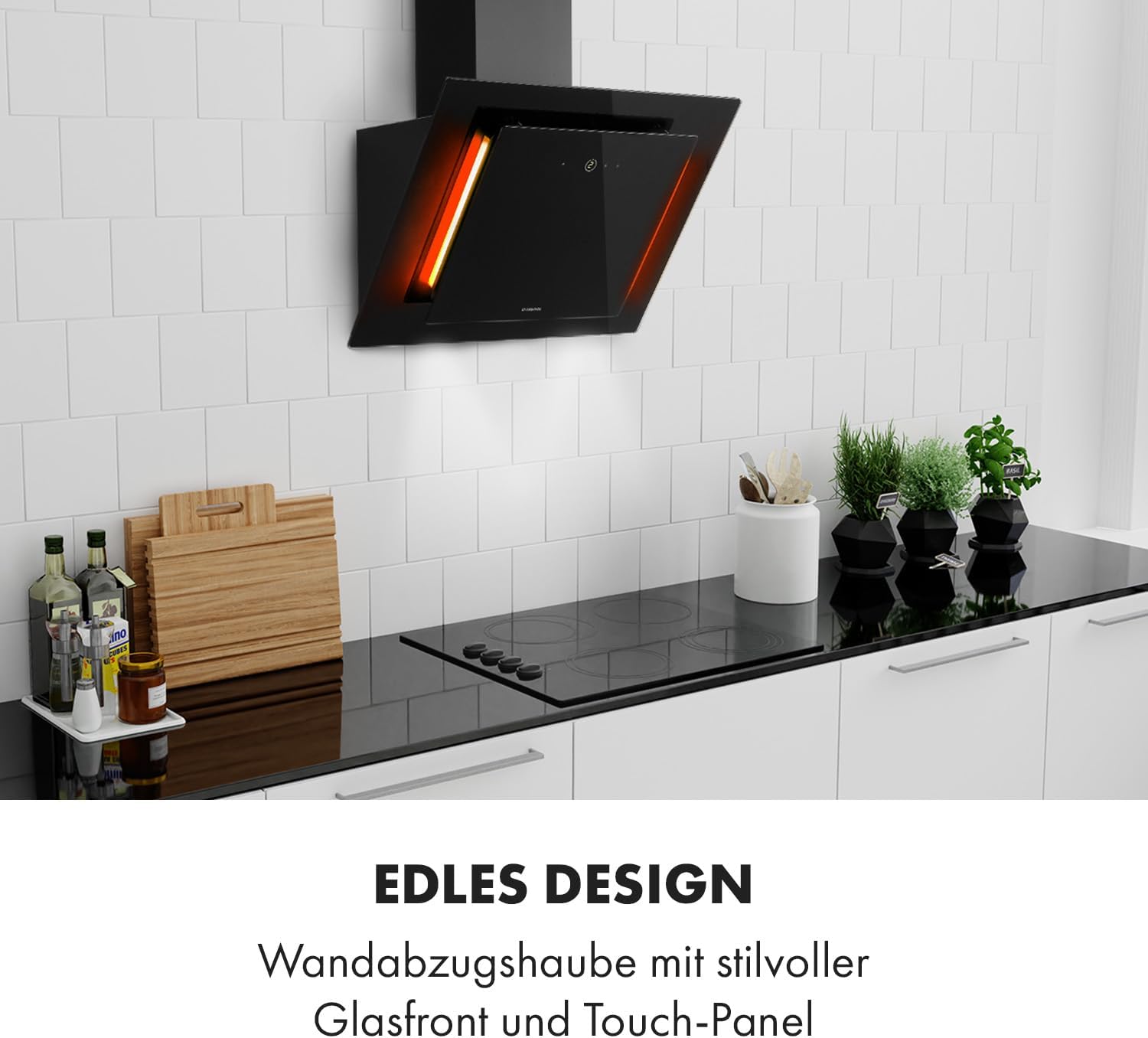 Klarstein Eleonora - Kopffreie Dunstabzugshaube, EEK A++, Abluftleistung: 426 m³/h, Touch Control, RGB-Ambiente-Farbe, 60 dB, Umluft und Abluft, LED Beleuchtung, Fettfilter, 60 cm, schwarz Wandmontage