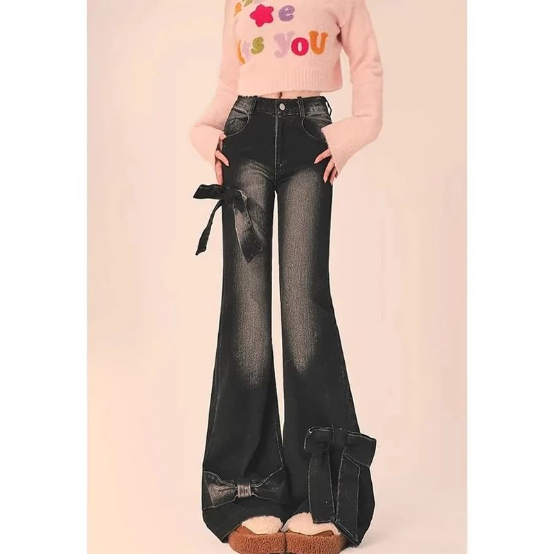 Alfie - Low Rise Washed Bow Bootcut Jeans