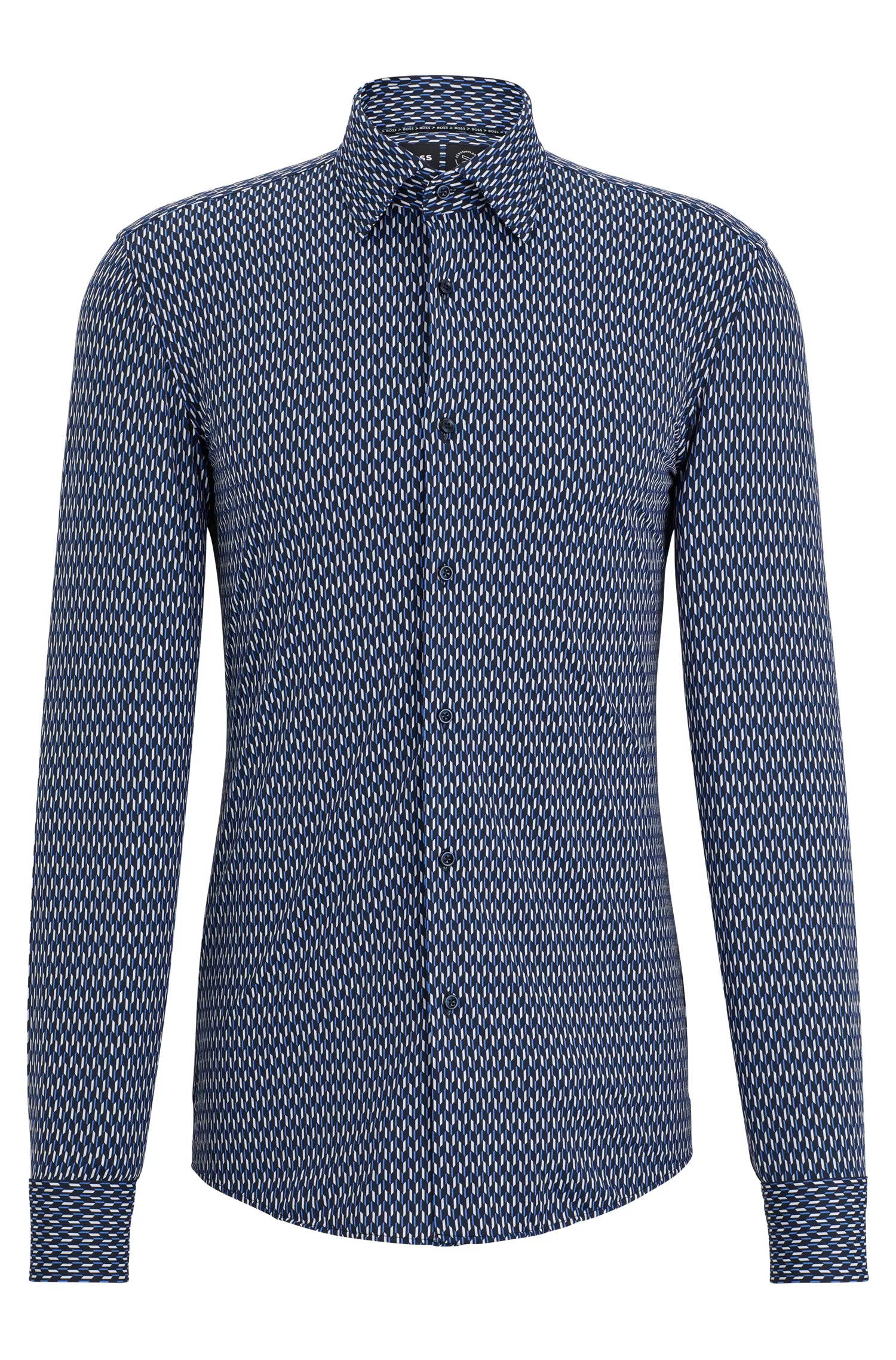 Camisa BOSS preta de corte slim em tecido elástico de alta performance com estampa.