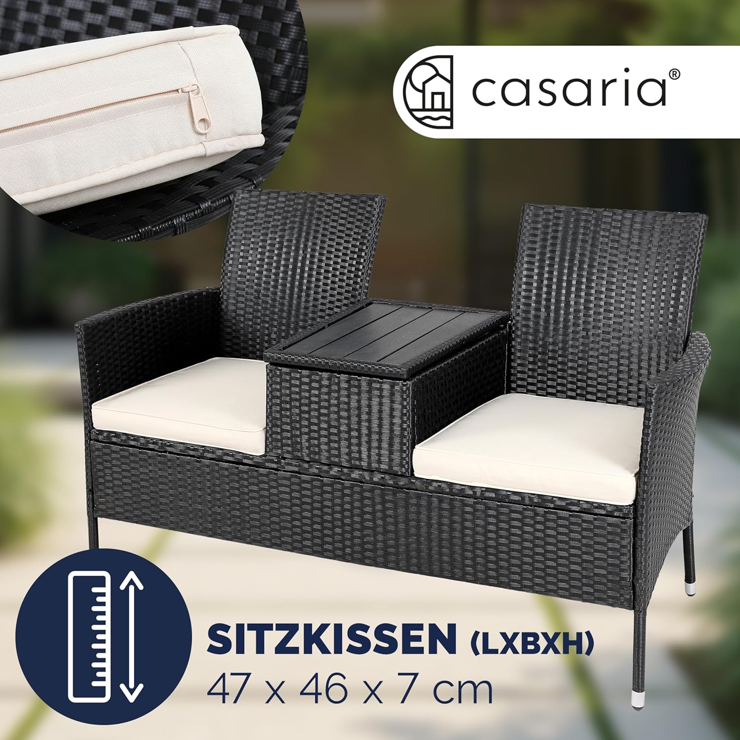 Casaria® Gartenbank Wetterfest UV-beständig Polyrattan Tisch Aufbewahrungsbox Auflagen 320kg Belastbarkeit Garten Balkon Möbel Bank 2-Sitzer Schwarz