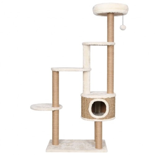 Arranhador bege para gatos com plataformas e toca.