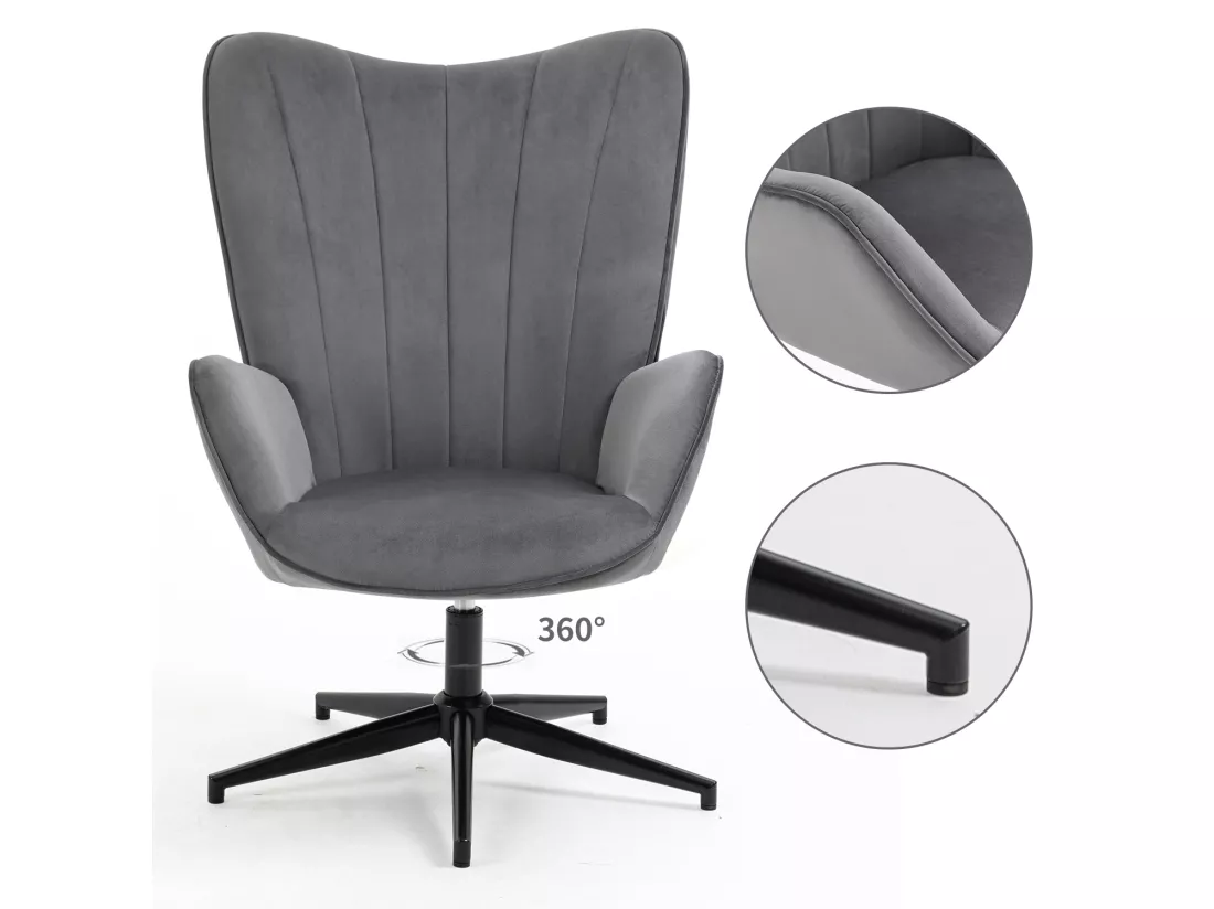 Fauteuil Scandinave Chaise Pivotant pour Bureau Salon Chambre avec Un revêtement en Tissu des Accoudoirs Rembourés, Métal, Gris, 68x87x99cm