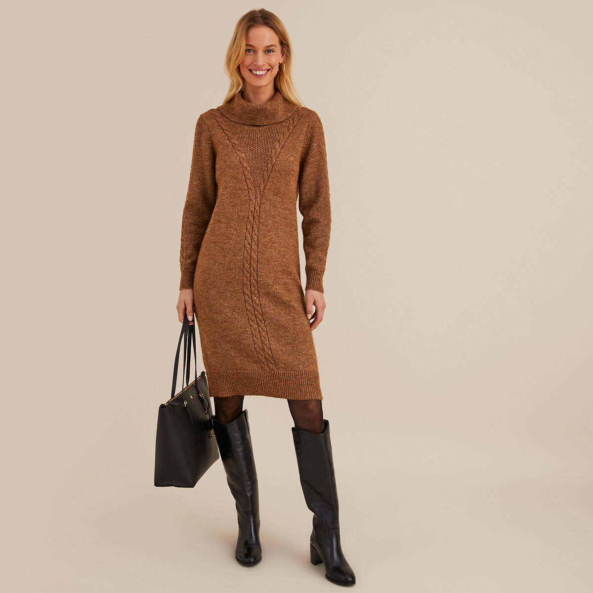 ANNE WEYBURN<br>Vestido de malha, comprimento midi, manga comprida