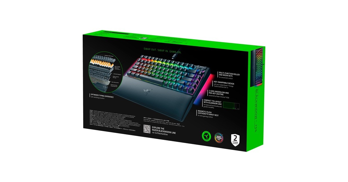 RazerBlackWidow V4 75%, gaming toetsenbord  (Zwart, US lay-out, Razer Orange, RGB leds, TKL, Doubleshot ABS, Hot-swappable)