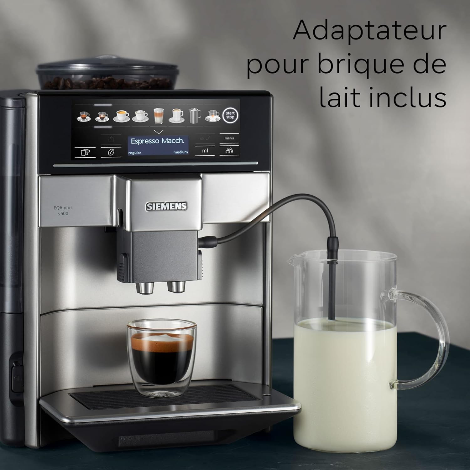SIEMENS, machine à café tout automatique, EQ6 plus s500, aromaDouble Shot, système autoMilk Clean, Broyeur céramique, affichage coffeeSelect, gris/noir - Inox TE655203RW