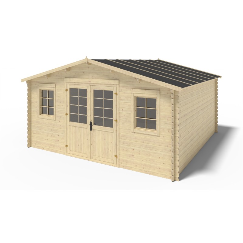 Abri de jardin en bois - 5x5 m - 40 m2 + terrasse avec balustrade et avant-toit en bois