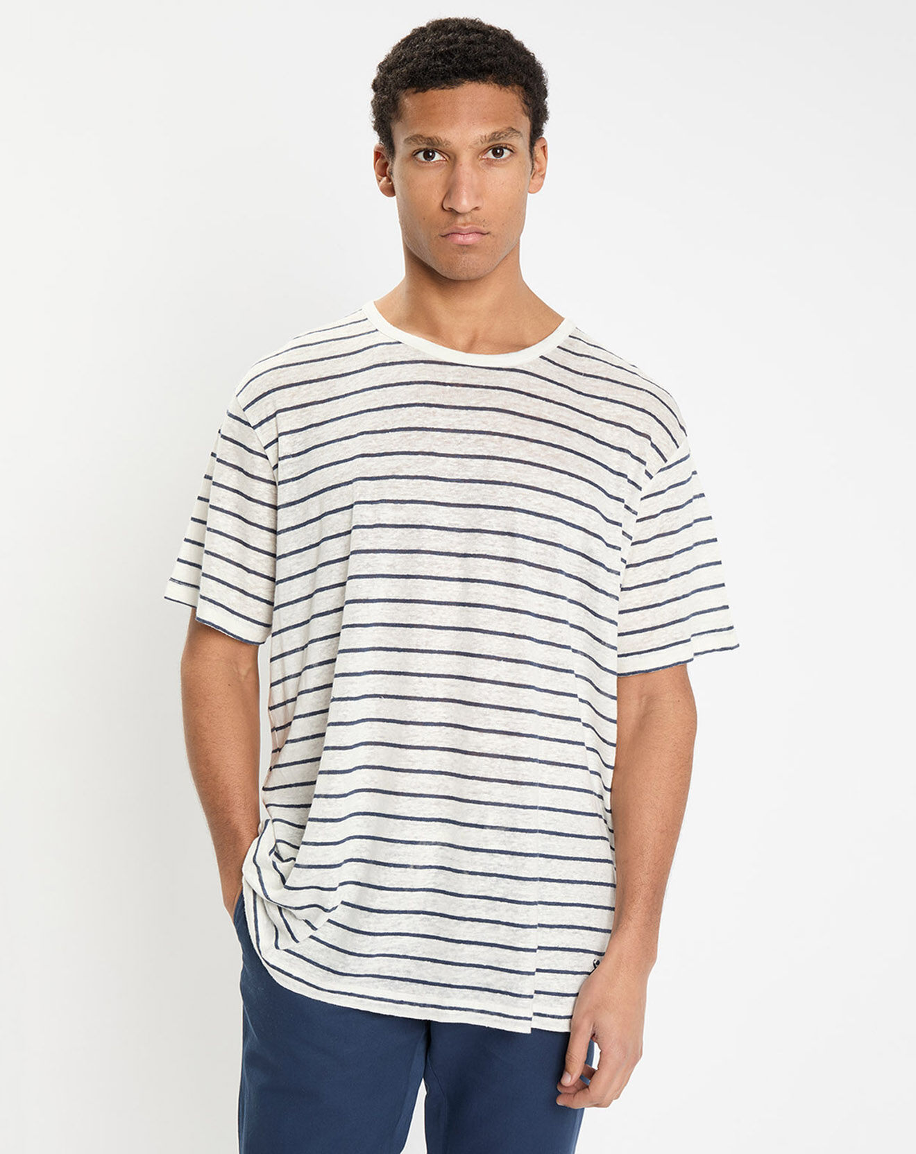 Hackett London T-Shirt 100% Lin Regular Fit Marinière blanc/bleu