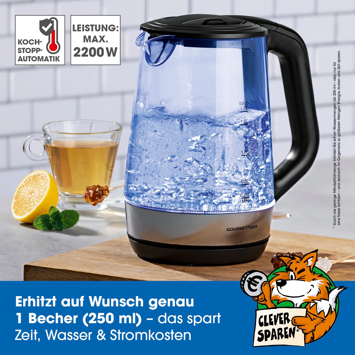 GOURMETmaxx Glas-Wasserkocher Tasse für Tasse 1,7l