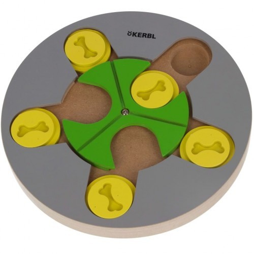 Brinquedo de interação para cães, cinza e verde.