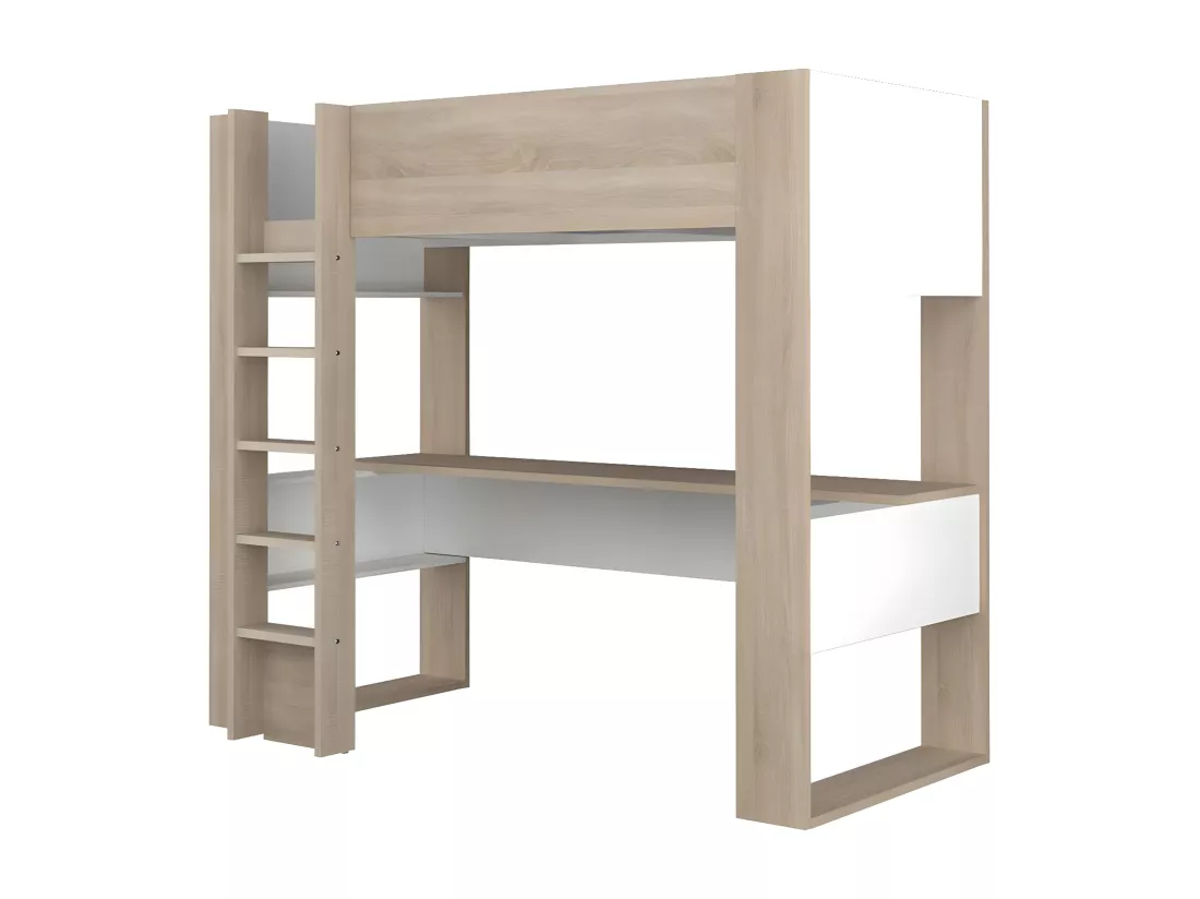 Lit mezzanine avec bureau et rangements intégrés - 90 x 200 cm - Chêne et blanc - NOAH II