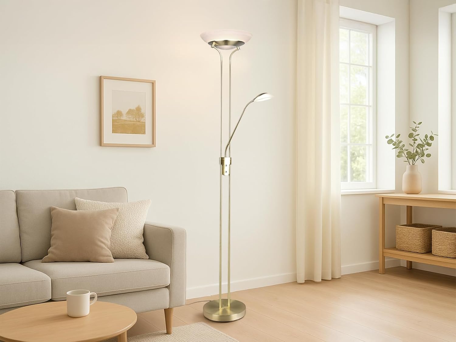 Reality Leuchten LED Stehleuchte Orson R40073508, Metall Messing matt, Glas alabasterfarbig weiß, inkl. 27 Watt LED + 4.5 Watt LED, Dimmer