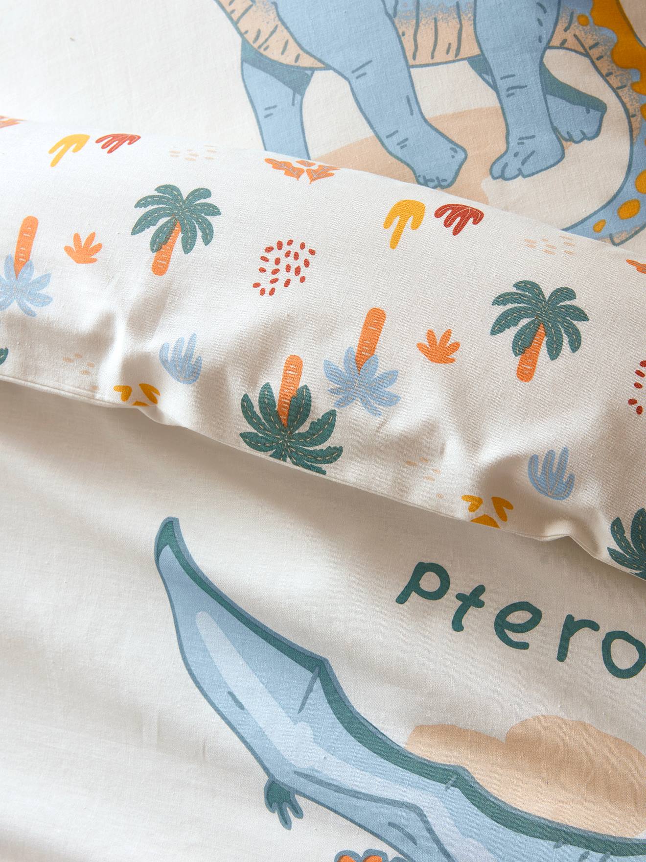 Conjunto de cama infantil JURASSIC CAMP, branco com estampa.