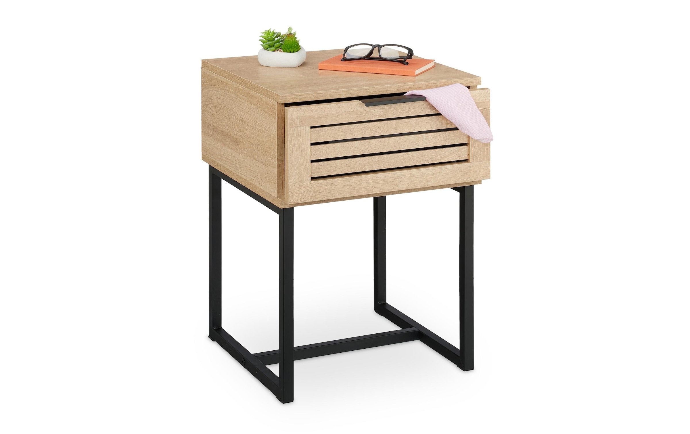 relaxdays Nachttisch »mit Schublade 55.5 x 40 x 41.5 cm« Nachtschränkchen mit Metallgestell