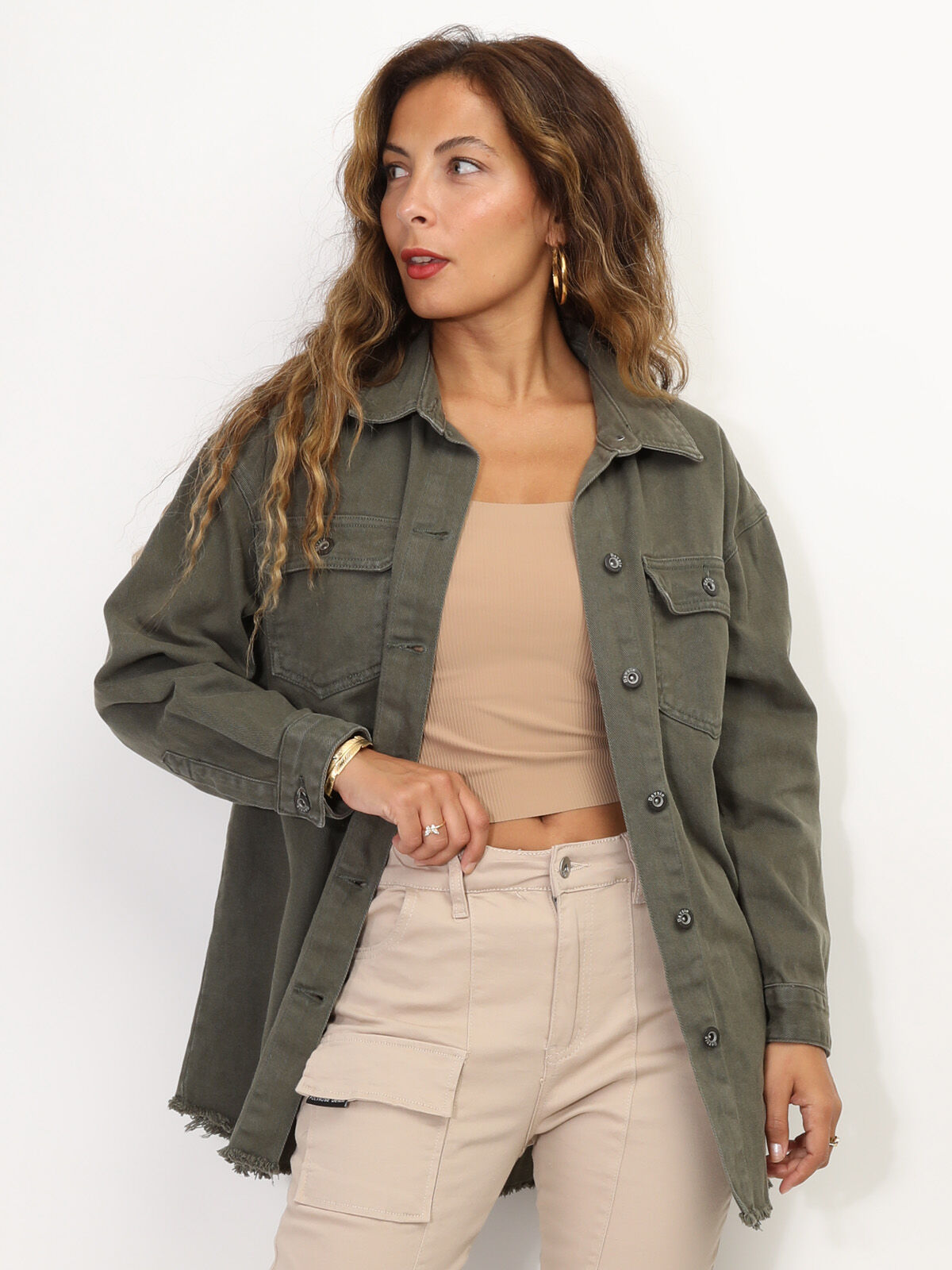 Surchemise oversize en denim- Kaki